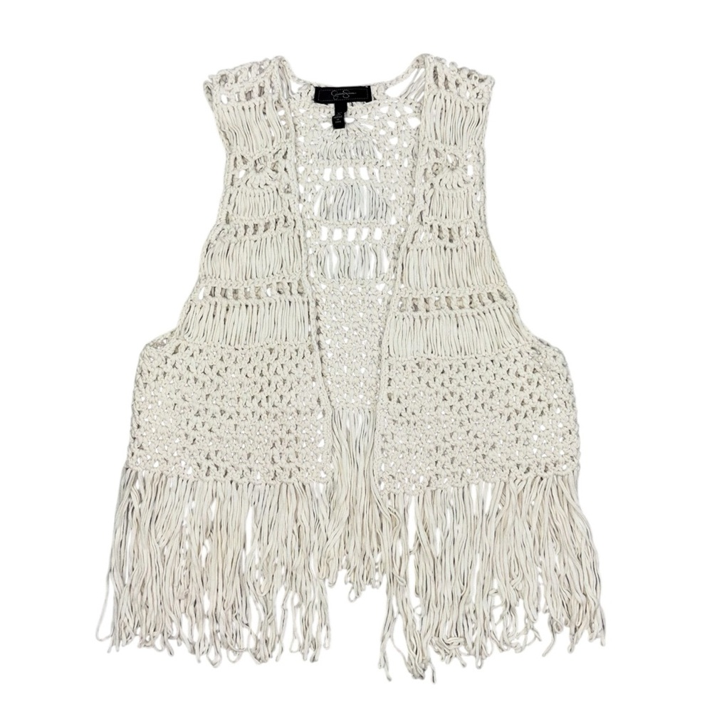 Bohemian Crochet Fringe Vest XL Cream